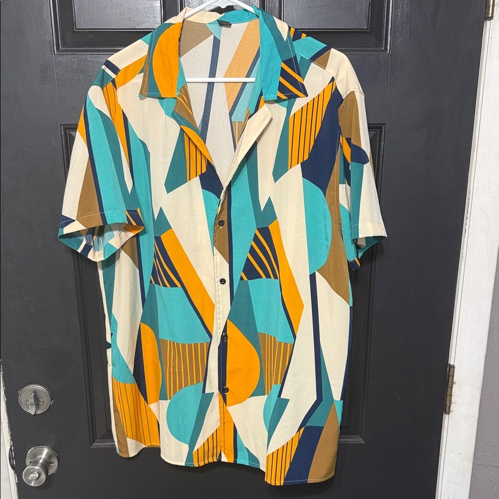 SHEIN Teal and Orange Geometric Men's Shirt